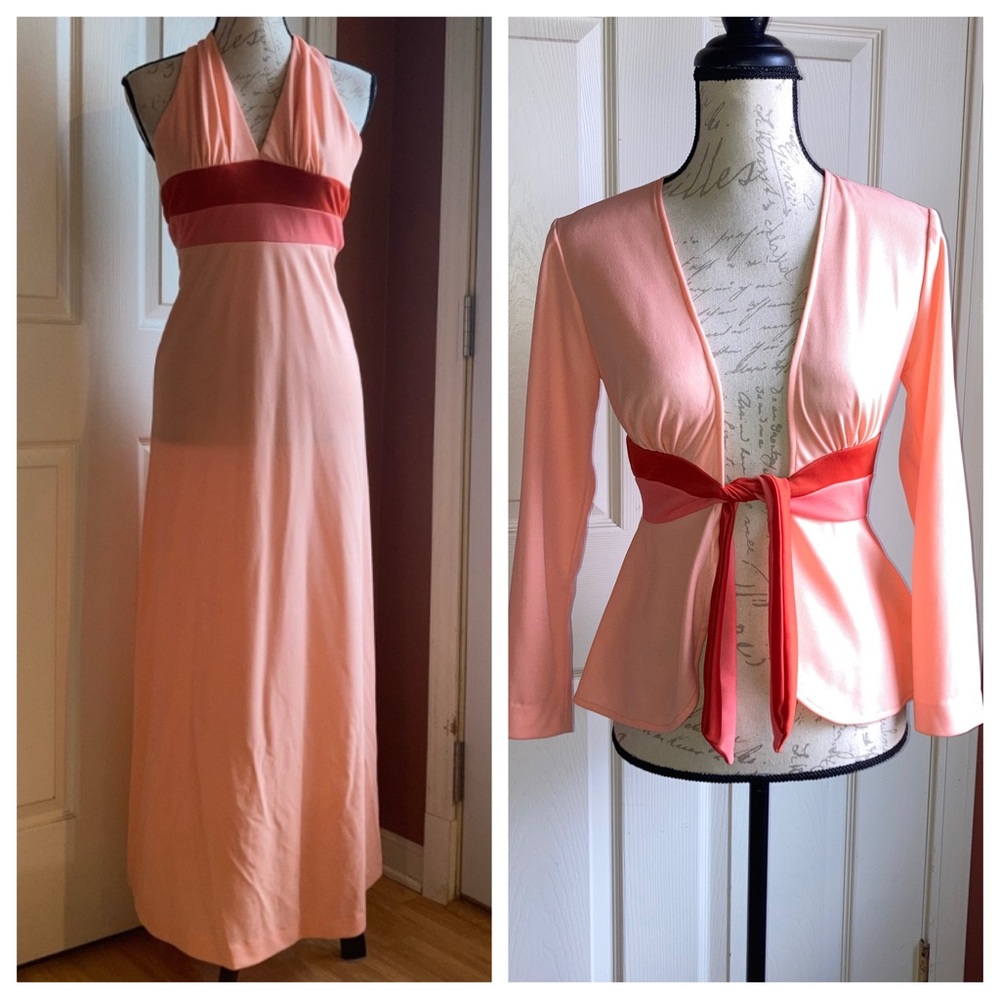 Vintage 70s Halter Maxi Peachy Pink Dress Matching Jacket Homecoming Prom Dance